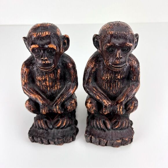 Monkey Bookends Heavy Resin Brushed Bronze Look 7" - Picture 3 of 10
